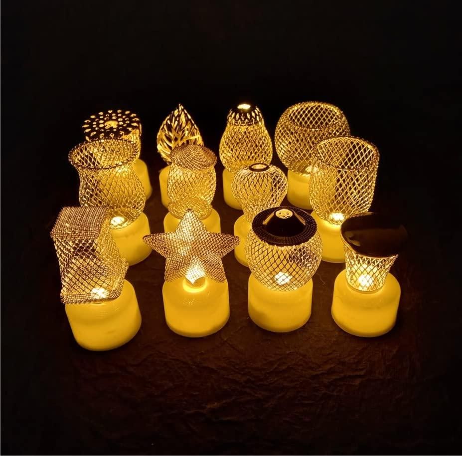 Golden Net LED Tealight Candle Lanterns (Star, Set of 6) – Flameless, Decorative, Rechargeable, Warm Glow