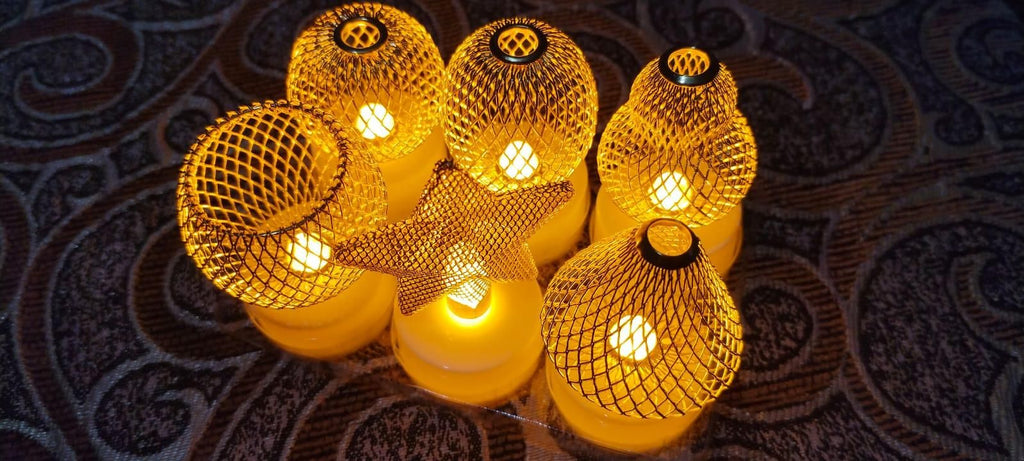 Golden Net LED Tealight Candle Lanterns (Star, Set of 6) – Flameless, Decorative, Rechargeable, Warm Glow
