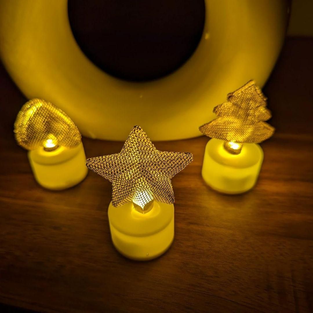 Golden Net LED Tealight Candle Lanterns (Star, Set of 6) – Flameless, Decorative, Rechargeable, Warm Glow